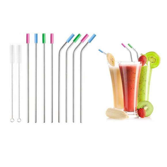 Stainless Steel Extra Wide Drinking Straws With Colored Silicone Tops (10-Pack) - Picture 1 of 2